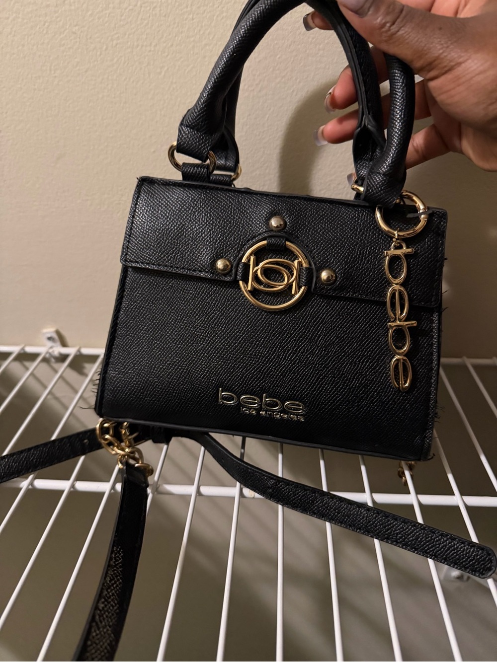 bebe Black Mini Satchel with Gold Accents